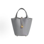 HERMES Picotin Lock 18 Gold Buckle Basket Bucket Bag Handbag 18 Women P0 Gris Pantin Puppet Grey